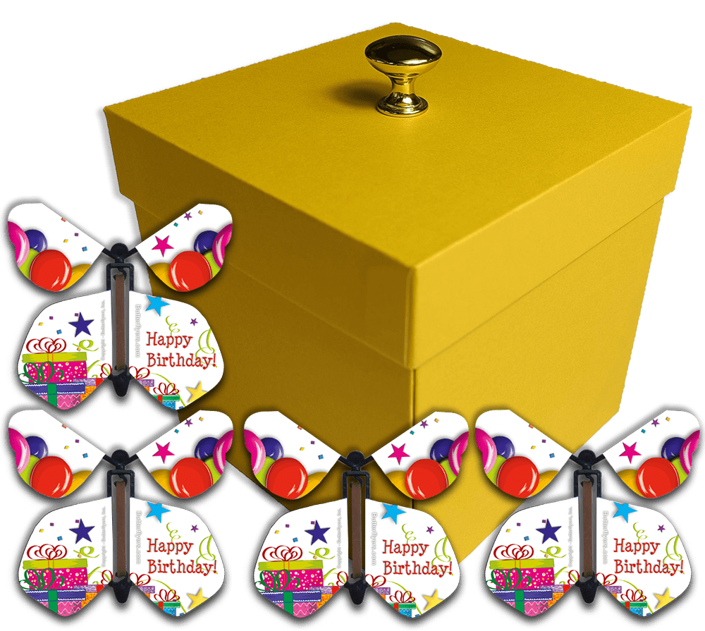 Yellow Birthday Exploding Butterfly Box with Wind Up Flying Butterflies Balloons & Gifts Flying Butterfly x 4 by Butterflyers